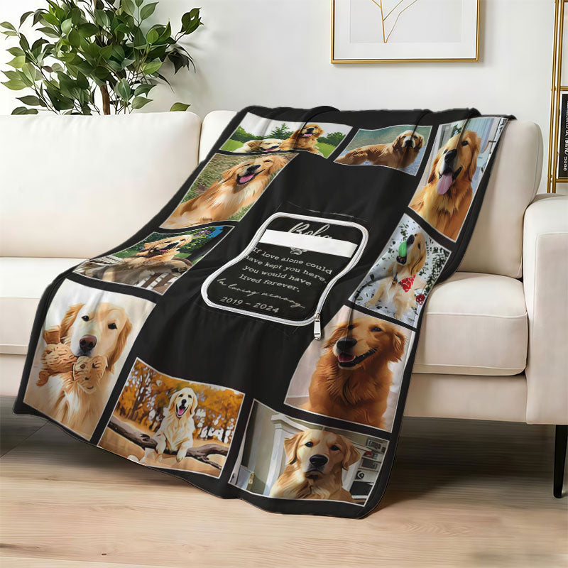 Pet memorial photo collage blanket on white sofa