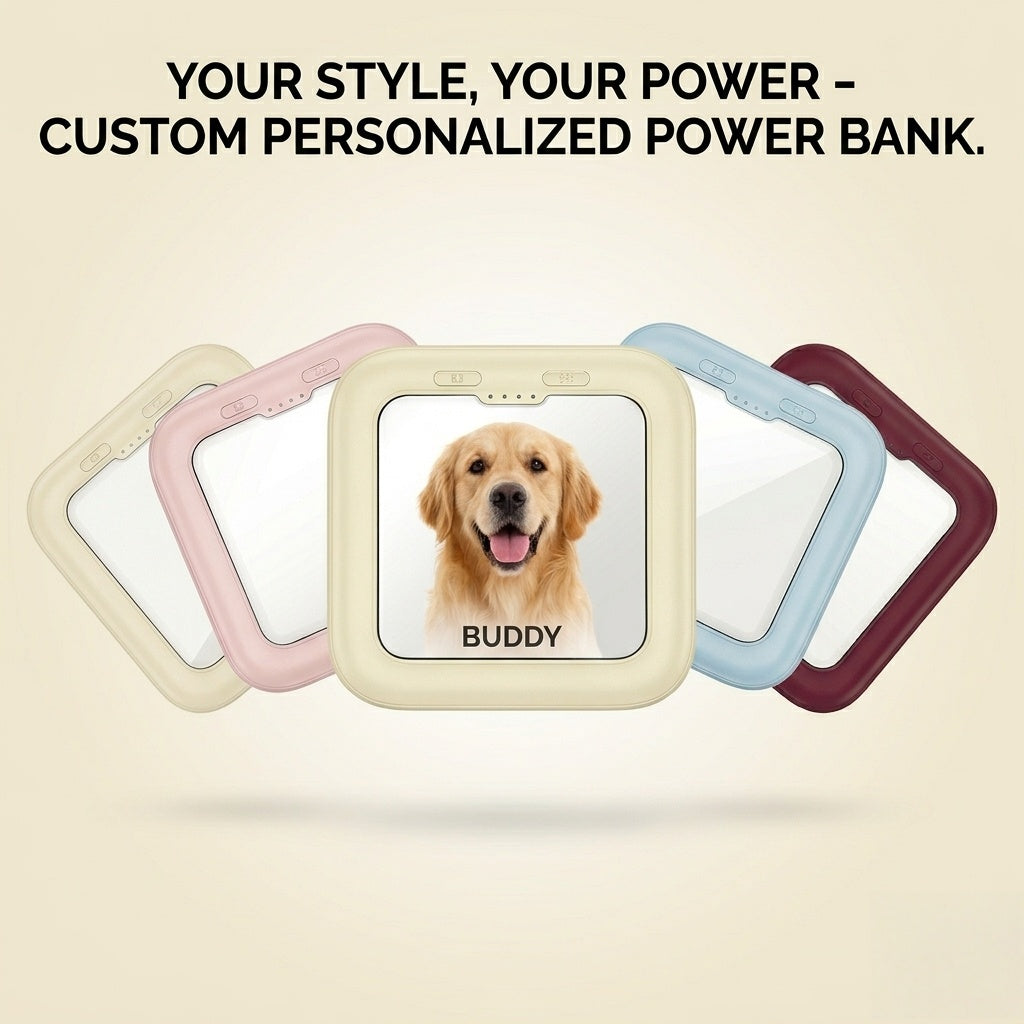 Custom pet photo power bank available in multiple colors.