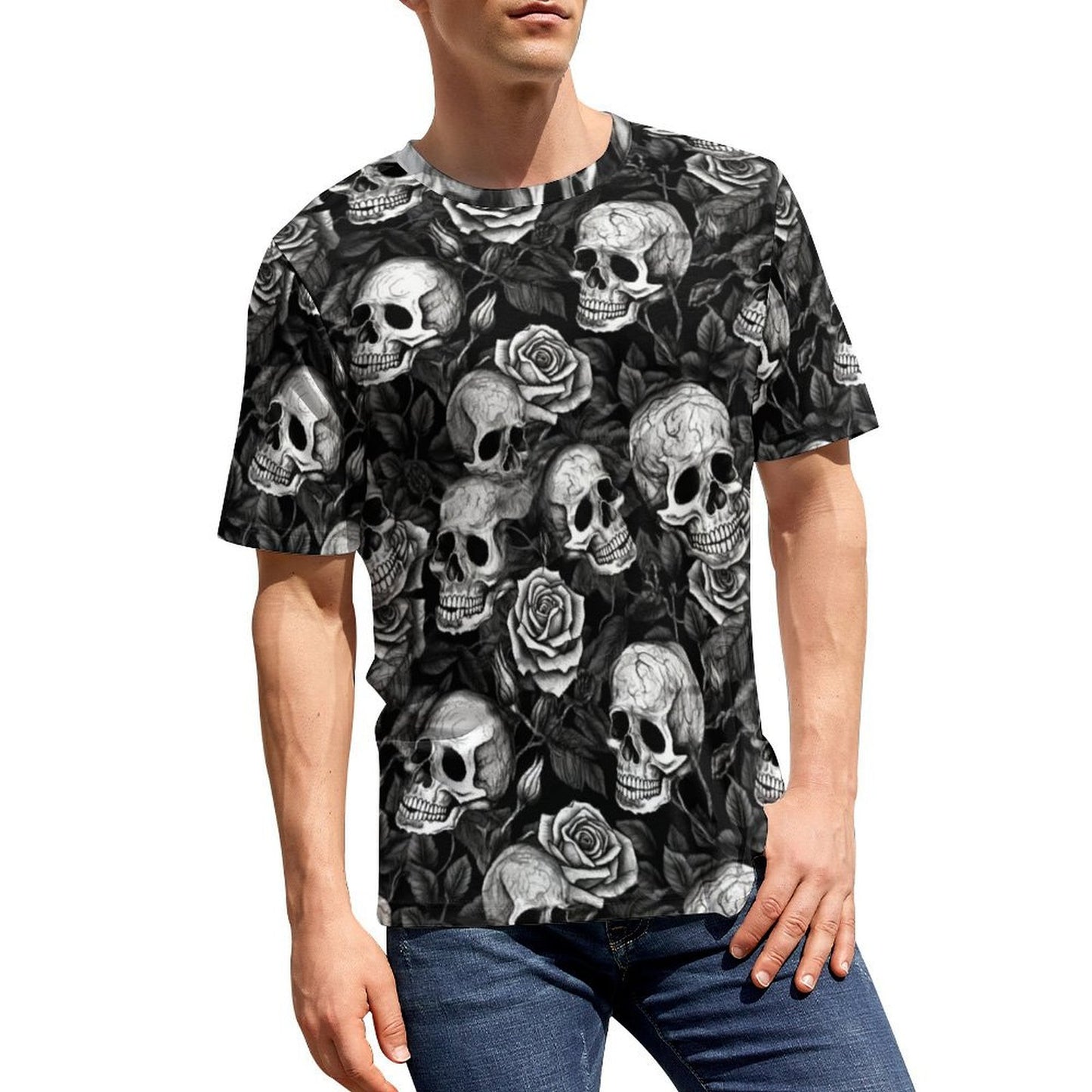 Personalized photo tee: Black and white skull/rose design, full front view.
