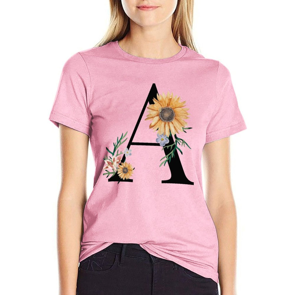 Personalized  Pink T-Shirt Women model front. Custom Design Cotton Tee.