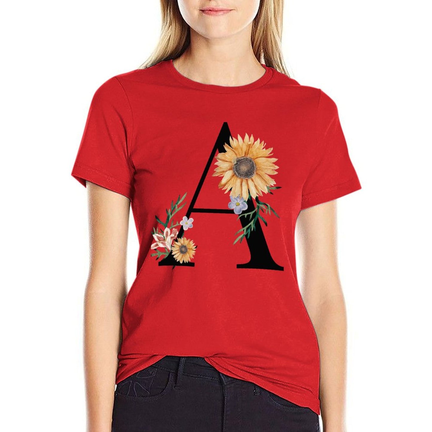 Personalized  Red T-Shirt Women model front. Custom Design Cotton Tee.