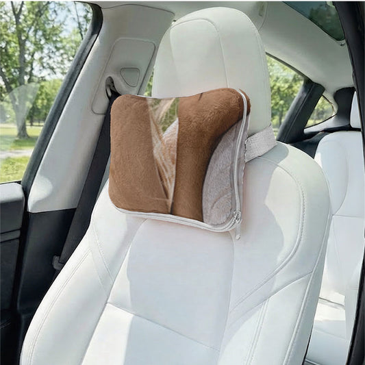 Personalized couple photo pillow used as a car headrest.