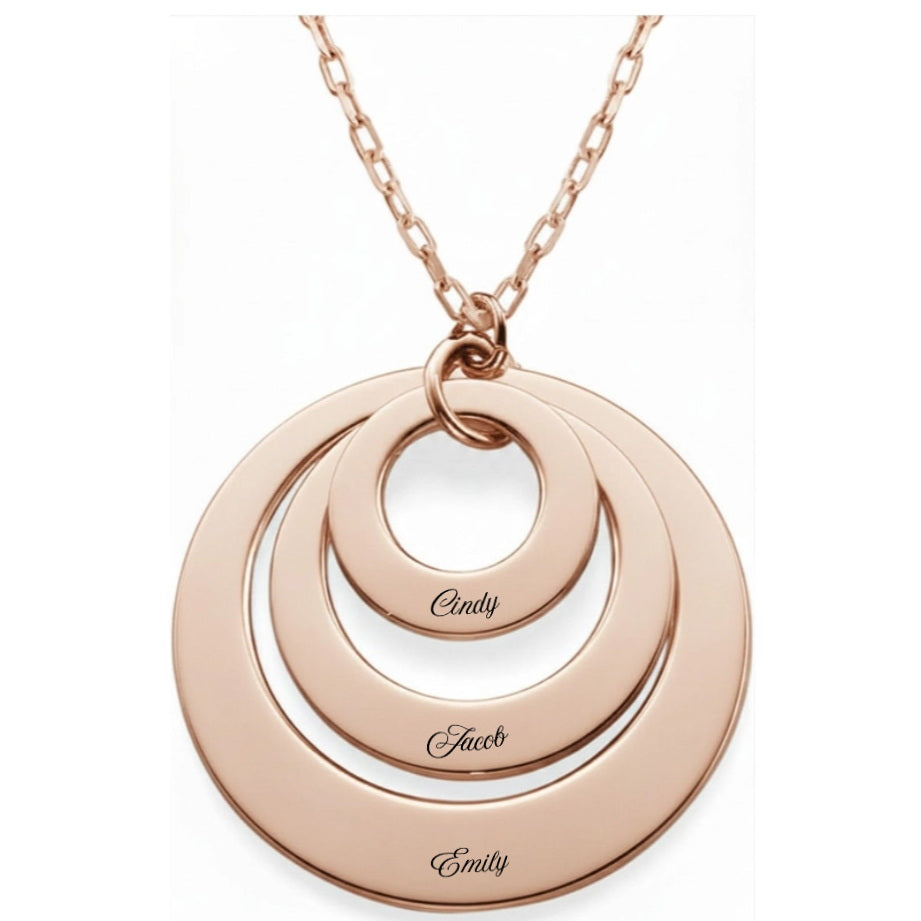 Rose gold necklace with three custom engraved name discs.