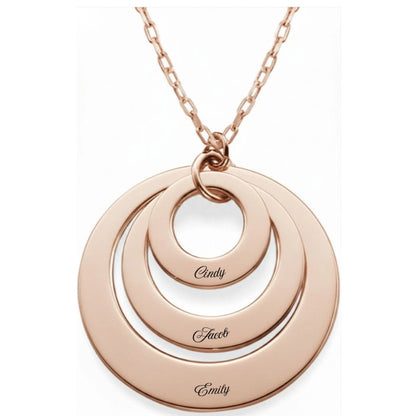 Rose gold necklace with three custom engraved name discs.