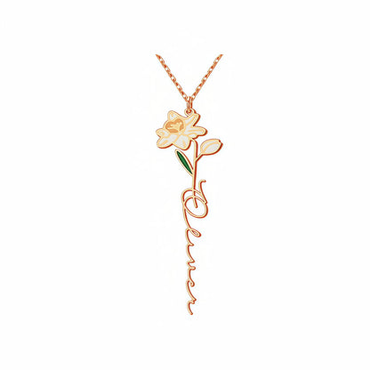 Personalized Floral Name Necklace Charms with Birthstones - Custom Flower & Name Jewelry