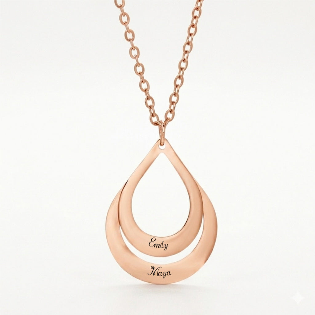 Rose gold double teardrop necklace with two custom names.