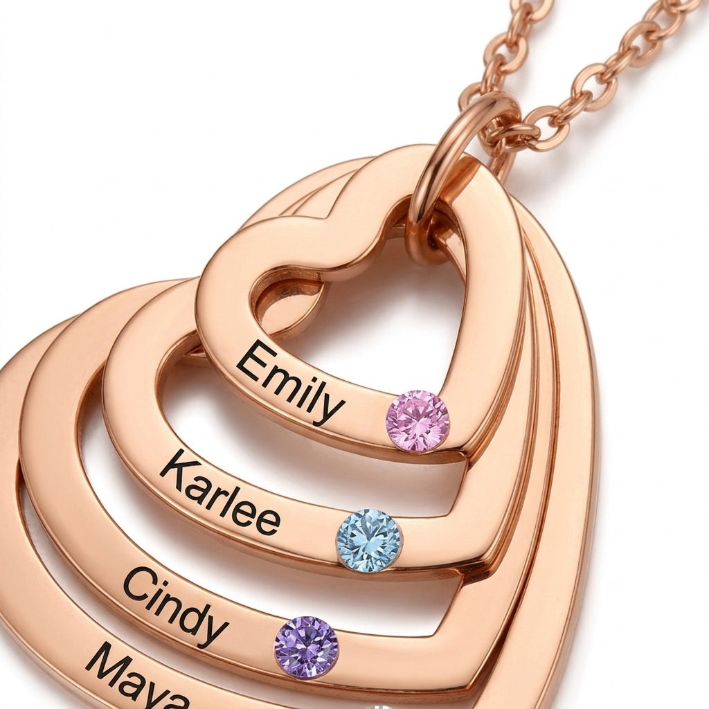 Personalized 925 Sterling Silver Heart Pendant Necklace with 2-4 Simulated Birthstones - Custom Engraved Family Name Jewelry, 18K Gold & Rose Gold Plated Gift for Mother, Grandmother, Daughter