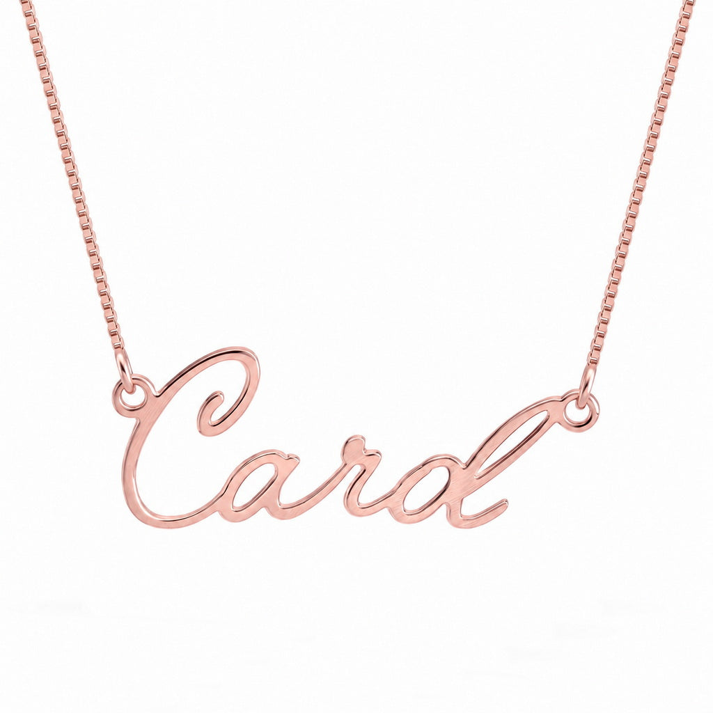 Rose gold personalized script nameplate necklace Carol.