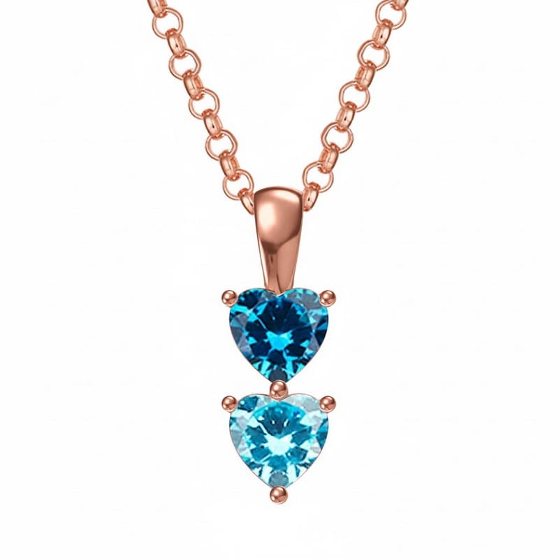 Rose gold plated double heart birthstone necklace, a custom two-stone family jewelry piece.