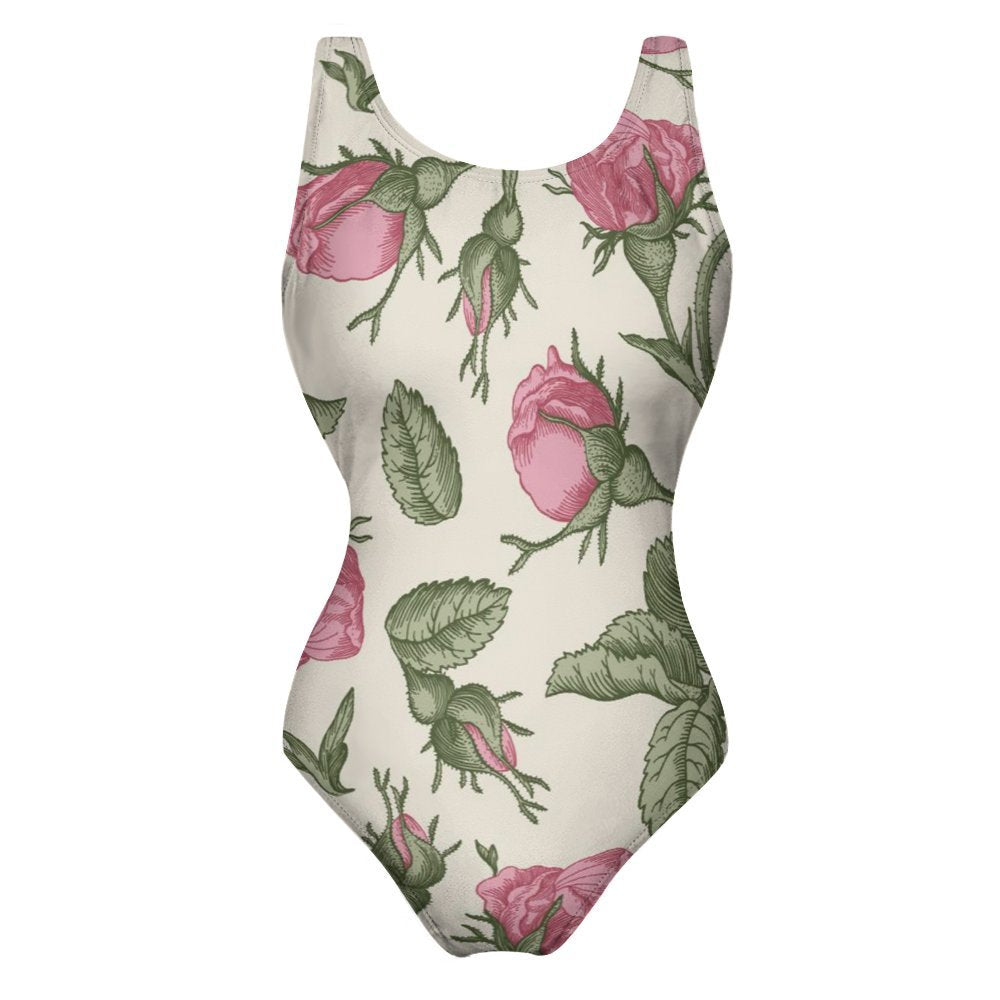 Personalized one-piece swimwear, close-up rose print, elegant full coverage style.