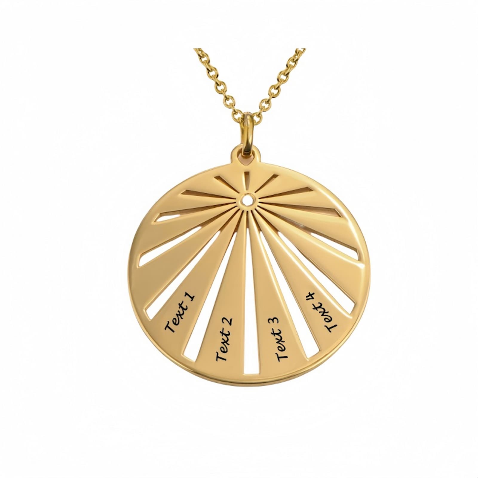 Personalized round family necklace in gold-plated sterling silver, with four text spaces (Text 1-4) in a radiating sunburst pattern.