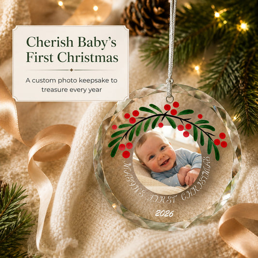 Personalized Baby's First Christmas Photo Glass Ornament main product view
