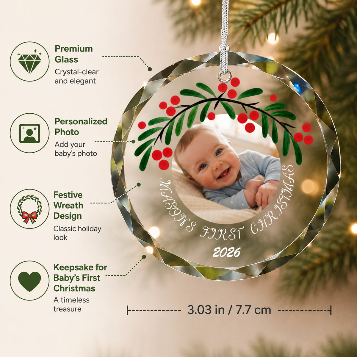 Personalized Baby's First Christmas Photo Glass Ornament personalization and gift detail view