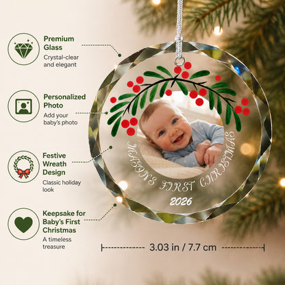 Personalized Baby's First Christmas Photo Glass Ornament personalization and gift detail view