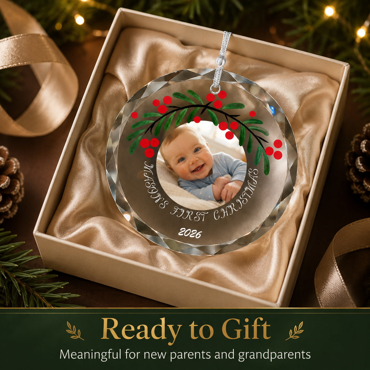 Personalized Baby's First Christmas Photo Glass Ornament quality and keepsake detail view