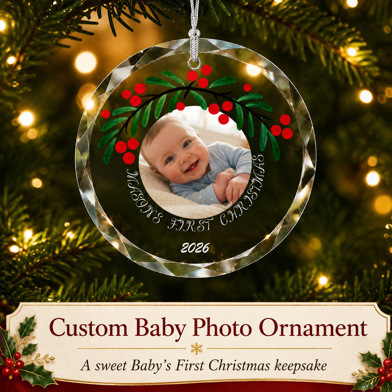 Personalized Baby's First Christmas Photo Glass Ornament Christmas tree display