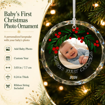 Personalized Baby's First Christmas Photo Glass Ornament gift-ready presentation