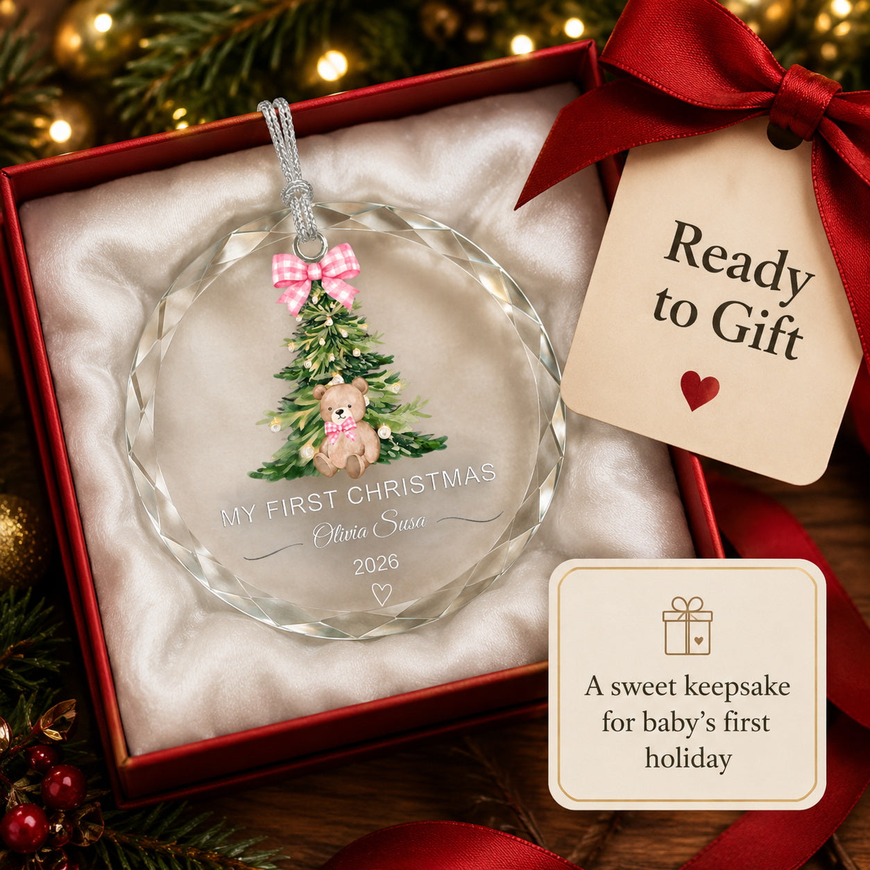 Personalized Pink Teddy My First Christmas Glass Ornament personalization and gift detail view