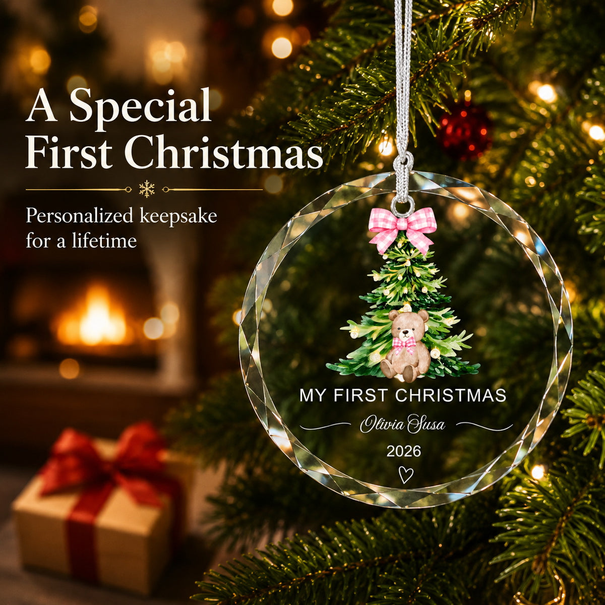 Personalized Pink Teddy My First Christmas Glass Ornament gift-ready presentation