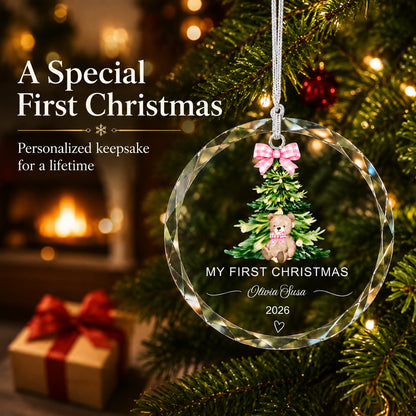 Personalized Pink Teddy My First Christmas Glass Ornament gift-ready presentation