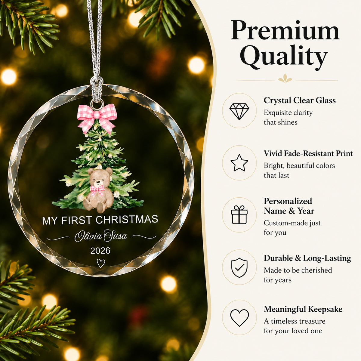 Personalized Pink Teddy My First Christmas Glass Ornament Christmas tree display