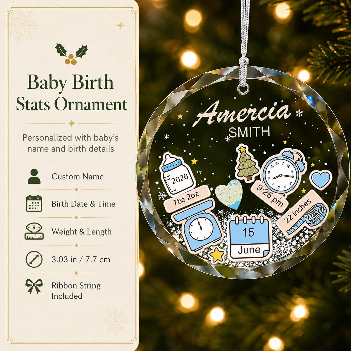 Personalized Baby Name & Initial Christmas Glass Ornament main product view