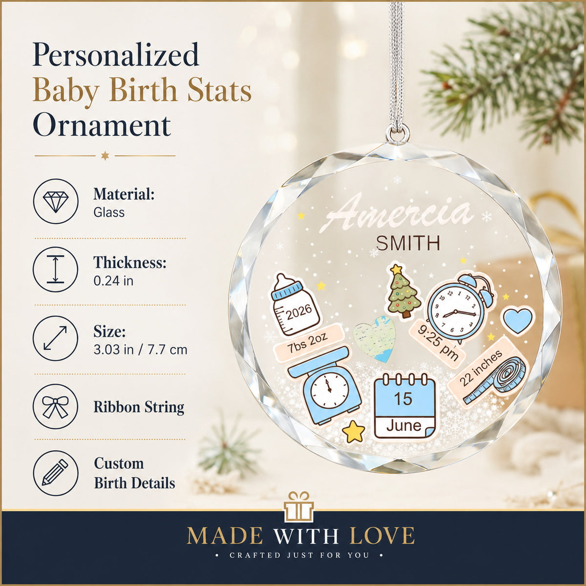 Personalized Baby Name & Initial Christmas Glass Ornament personalization detail view