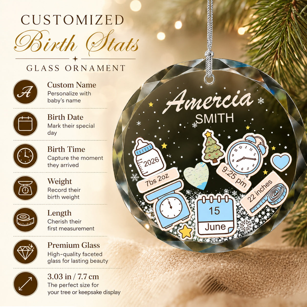 Personalized Baby Name & Initial Christmas Glass Ornament ready to gift presentation
