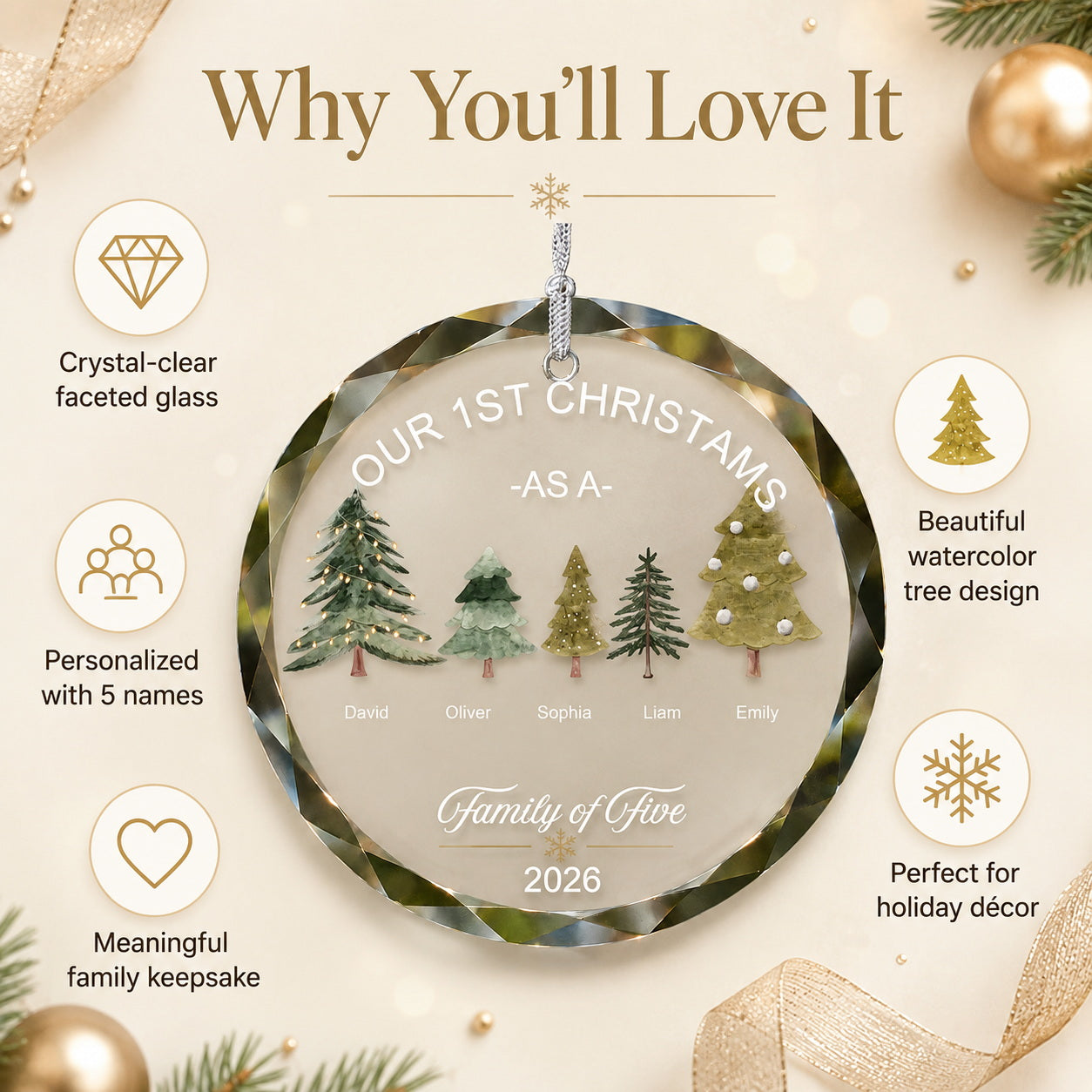 Personalized Our First Christmas Family Tree Glass Ornament main product view