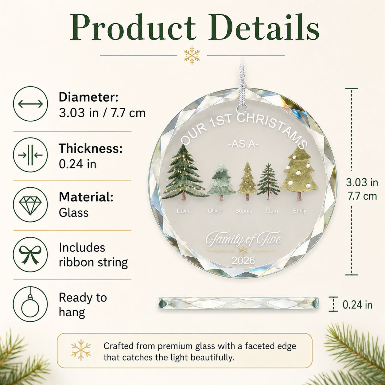 Personalized Our First Christmas Family Tree Glass Ornament personalization and gift detail view