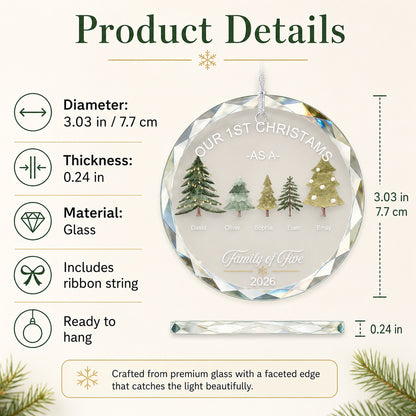 Personalized Our First Christmas Family Tree Glass Ornament personalization and gift detail view