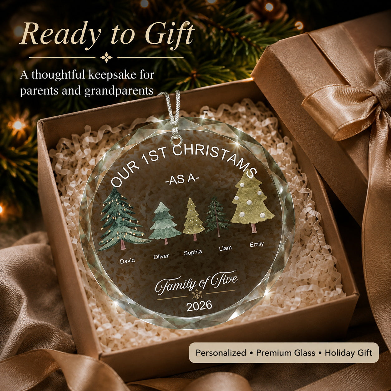 Personalized Our First Christmas Family Tree Glass Ornament gift-ready presentation