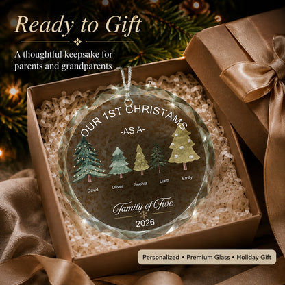 Personalized Our First Christmas Family Tree Glass Ornament gift-ready presentation