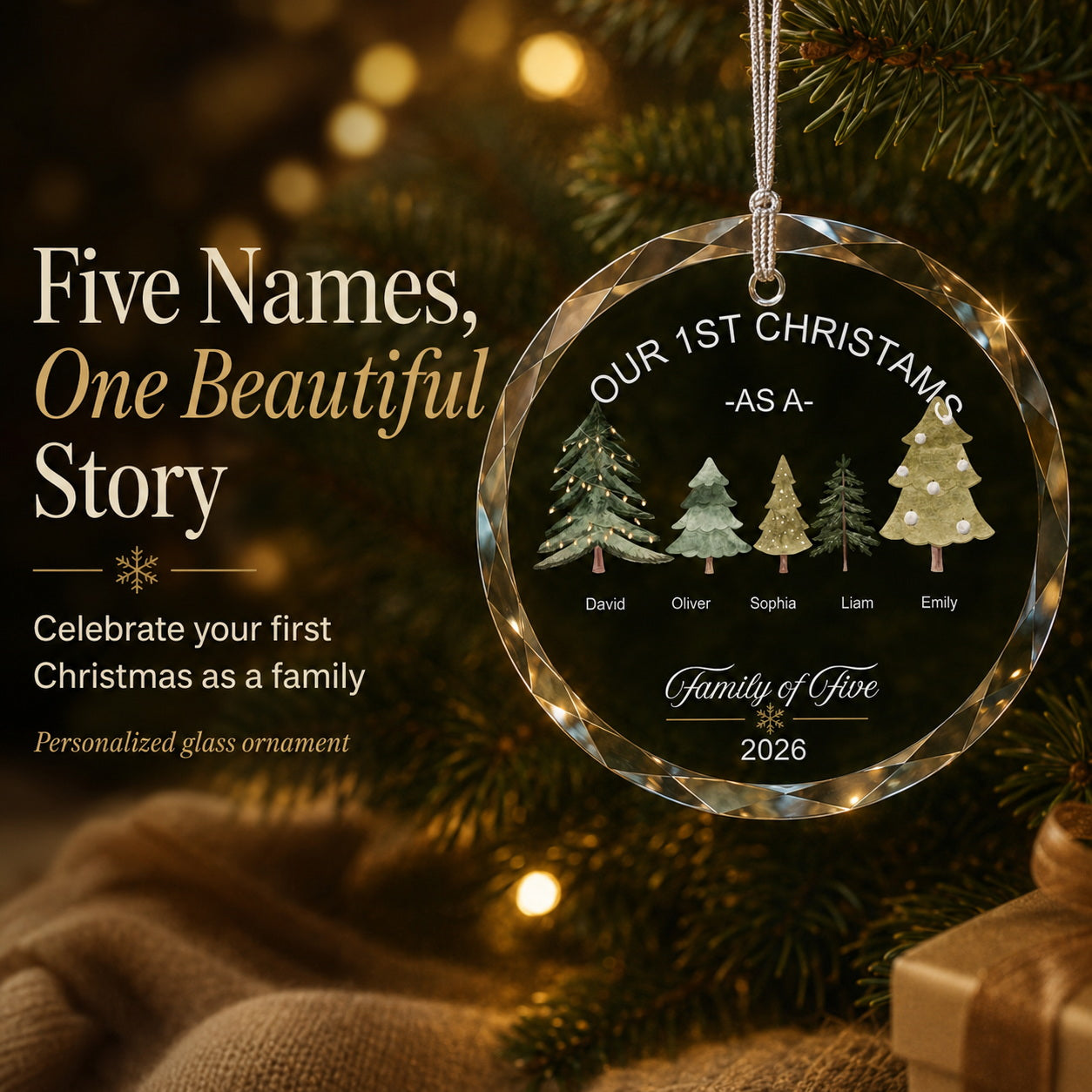Personalized Our First Christmas Family Tree Glass Ornament quality and keepsake detail view