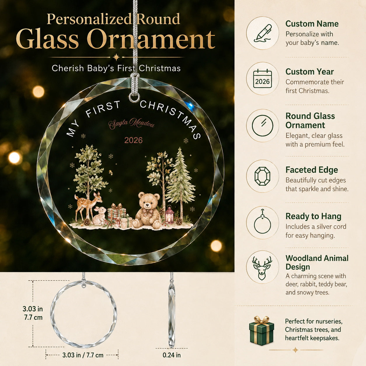 Personalized My First Christmas Woodland Glass Ornament main product view