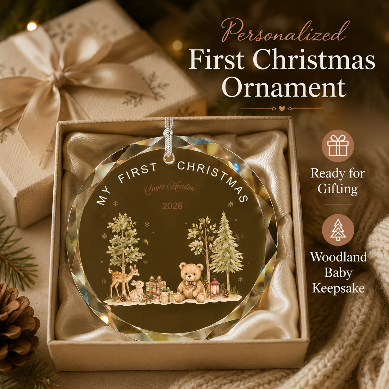 Personalized My First Christmas Woodland Glass Ornament gift-ready presentation