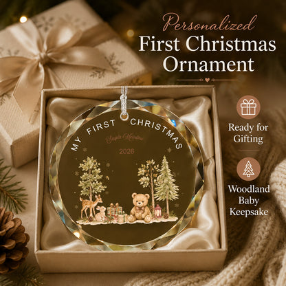 Personalized My First Christmas Woodland Glass Ornament gift-ready presentation