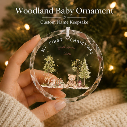 Personalized My First Christmas Woodland Glass Ornament quality and keepsake detail view