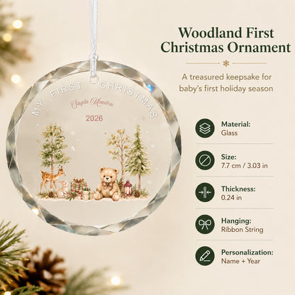 Personalized My First Christmas Woodland Glass Ornament personalization and gift detail view