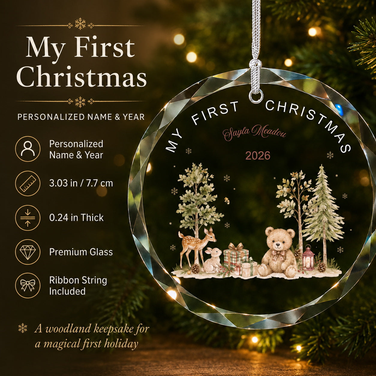 Personalized My First Christmas Woodland Glass Ornament Christmas tree display