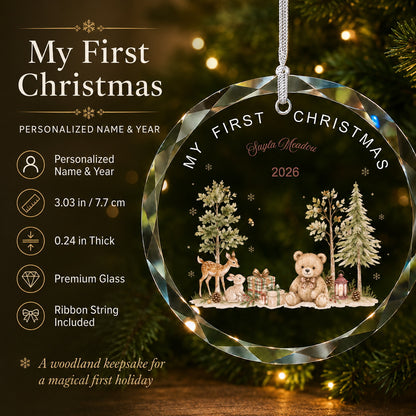 Personalized My First Christmas Woodland Glass Ornament Christmas tree display