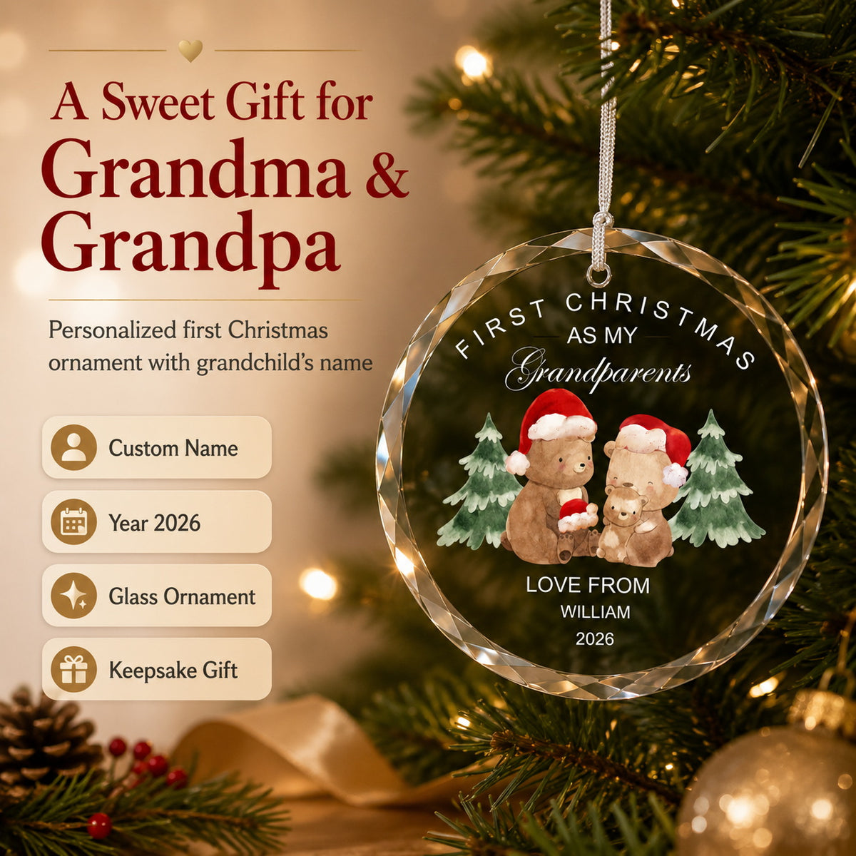 Personalized First Christmas as My Grandparents Glass Ornament personalization and gift detail view