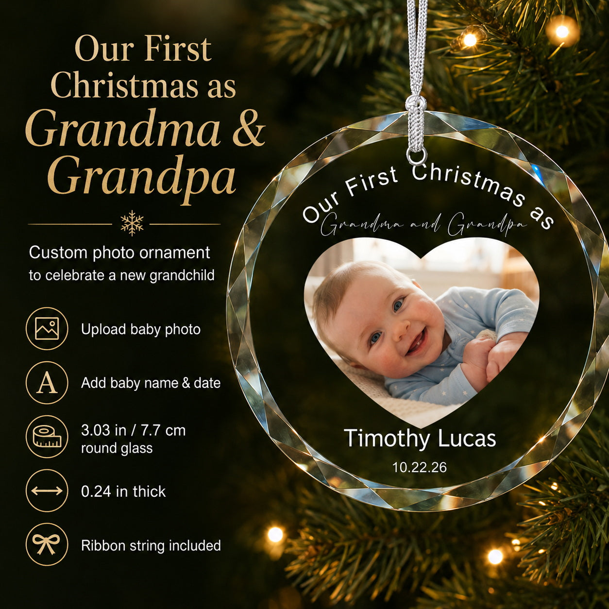 Personalized First Christmas as Grandma & Grandpa Photo Ornament gift-ready presentation