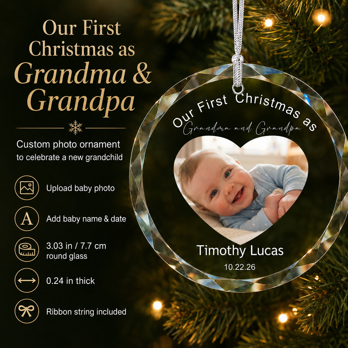 Personalized First Christmas as Grandma & Grandpa Photo Ornament gift-ready presentation