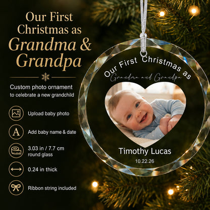 Personalized First Christmas as Grandma & Grandpa Photo Ornament gift-ready presentation