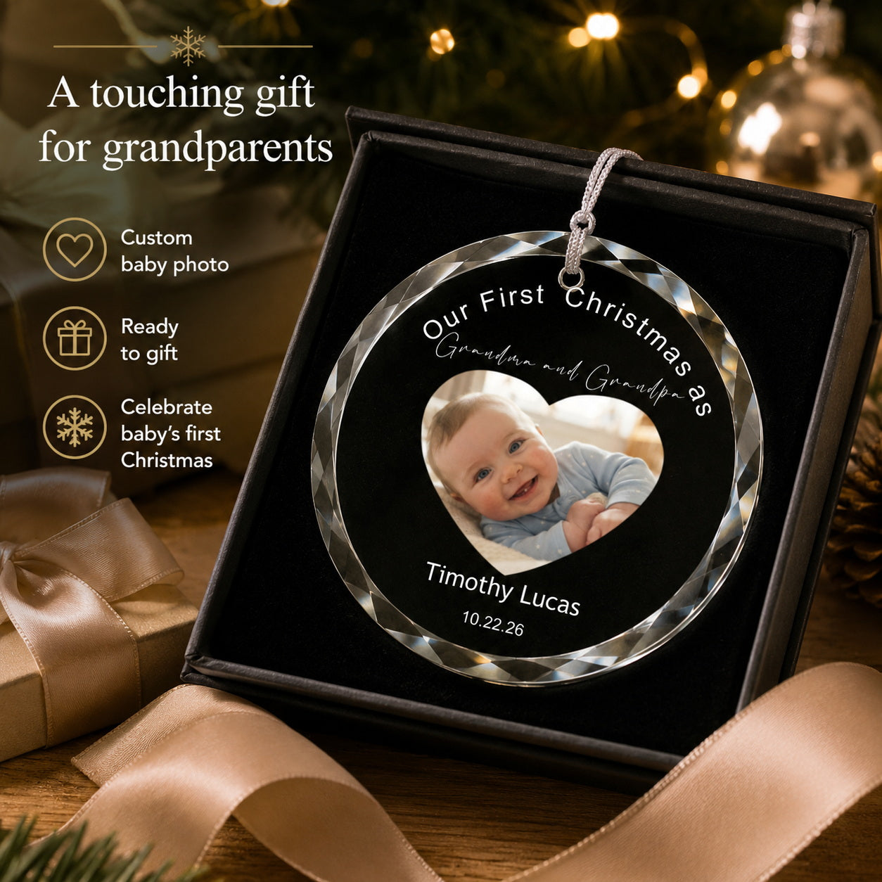Personalized First Christmas as Grandma & Grandpa Photo Ornament quality and keepsake detail view