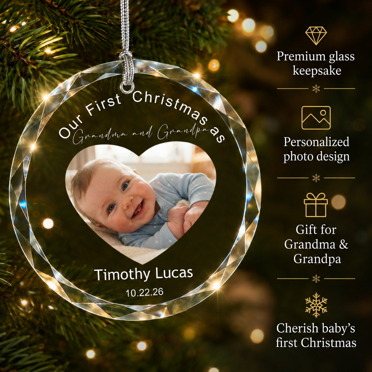 Personalized First Christmas as Grandma & Grandpa Photo Ornament personalization and gift detail view