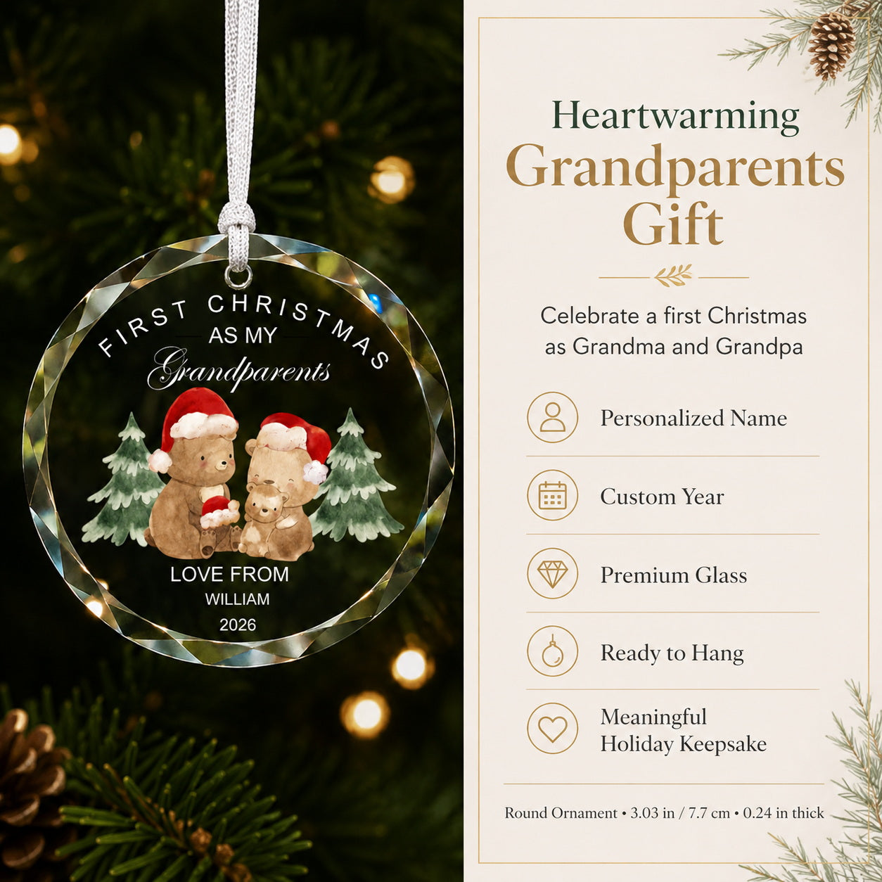 Personalized First Christmas as My Grandparents Glass Ornament quality and keepsake detail view
