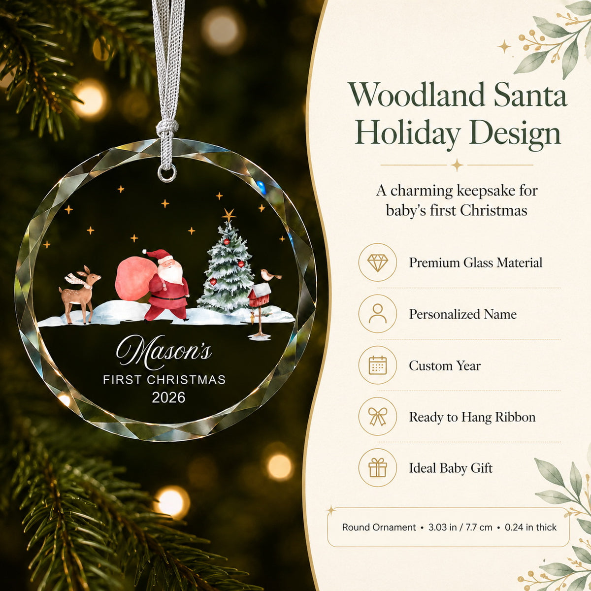 Personalized Santa Mason's First Christmas Glass Ornament personalization and gift detail view