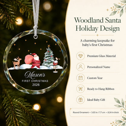 Personalized Santa Mason's First Christmas Glass Ornament personalization and gift detail view